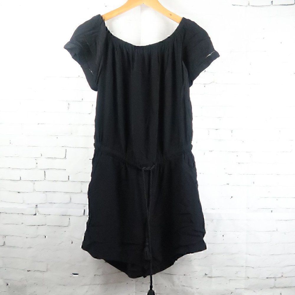 ANN TAYLOR LOFT BLACK SHORT SLEEVE ROUND NECK ROMPER WITH DRAWSTRING WAIST